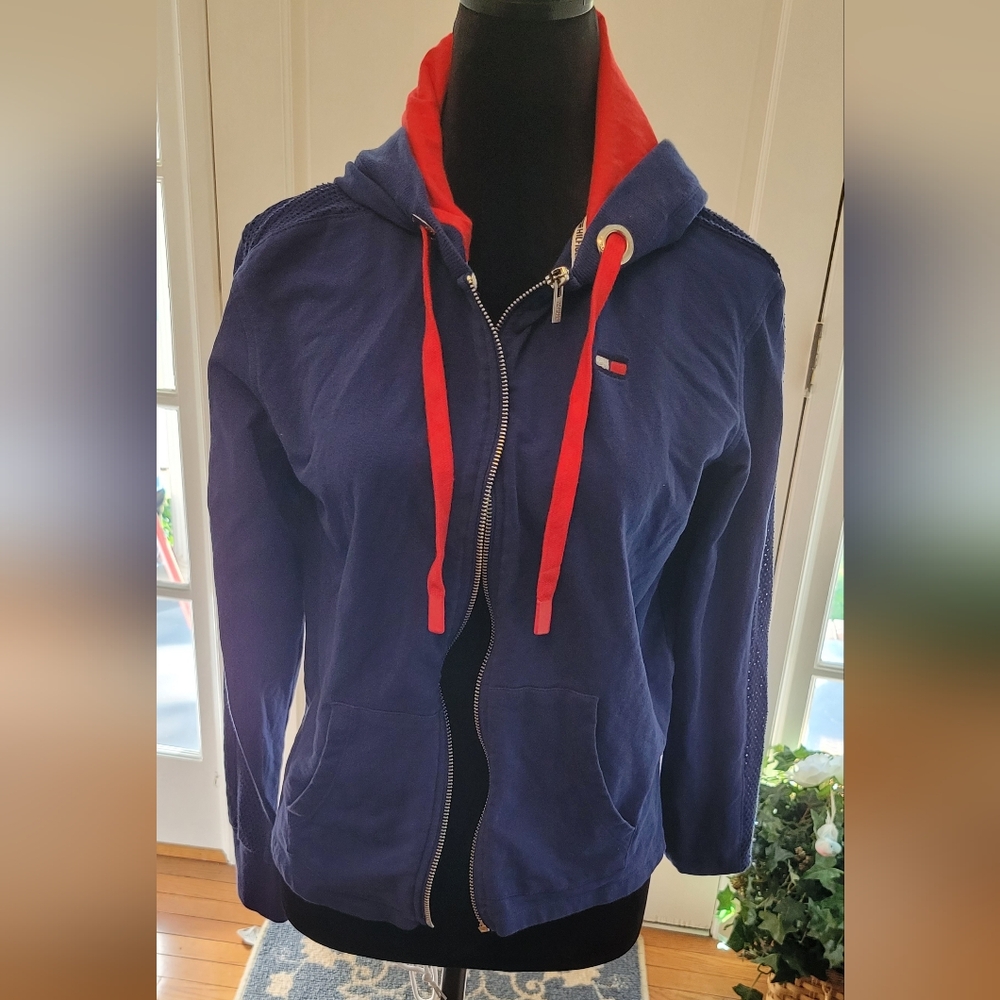 Vintage Y2k  navy and red Tommy Hilfiger zip up hoodie  Medium Preppy Sporty